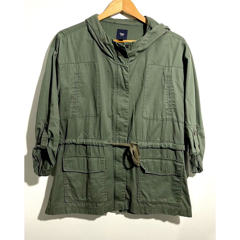 GAP military green jacket hooded utility pockets khaki adjustable waist women M